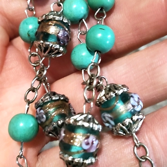VINTAGE SILVER-TONE FAUX TURQUOISE 7MM BEADS/DECORATIVE BEADS 54" ROSARY - Picture 2 of 10